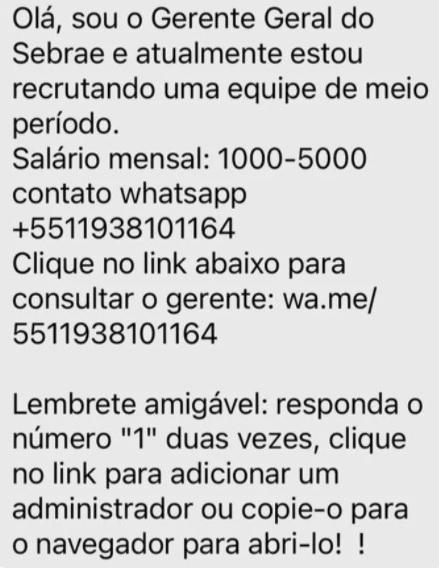 Sebrae-MT alerta que mensagem sobre vagas de emprego é golpe