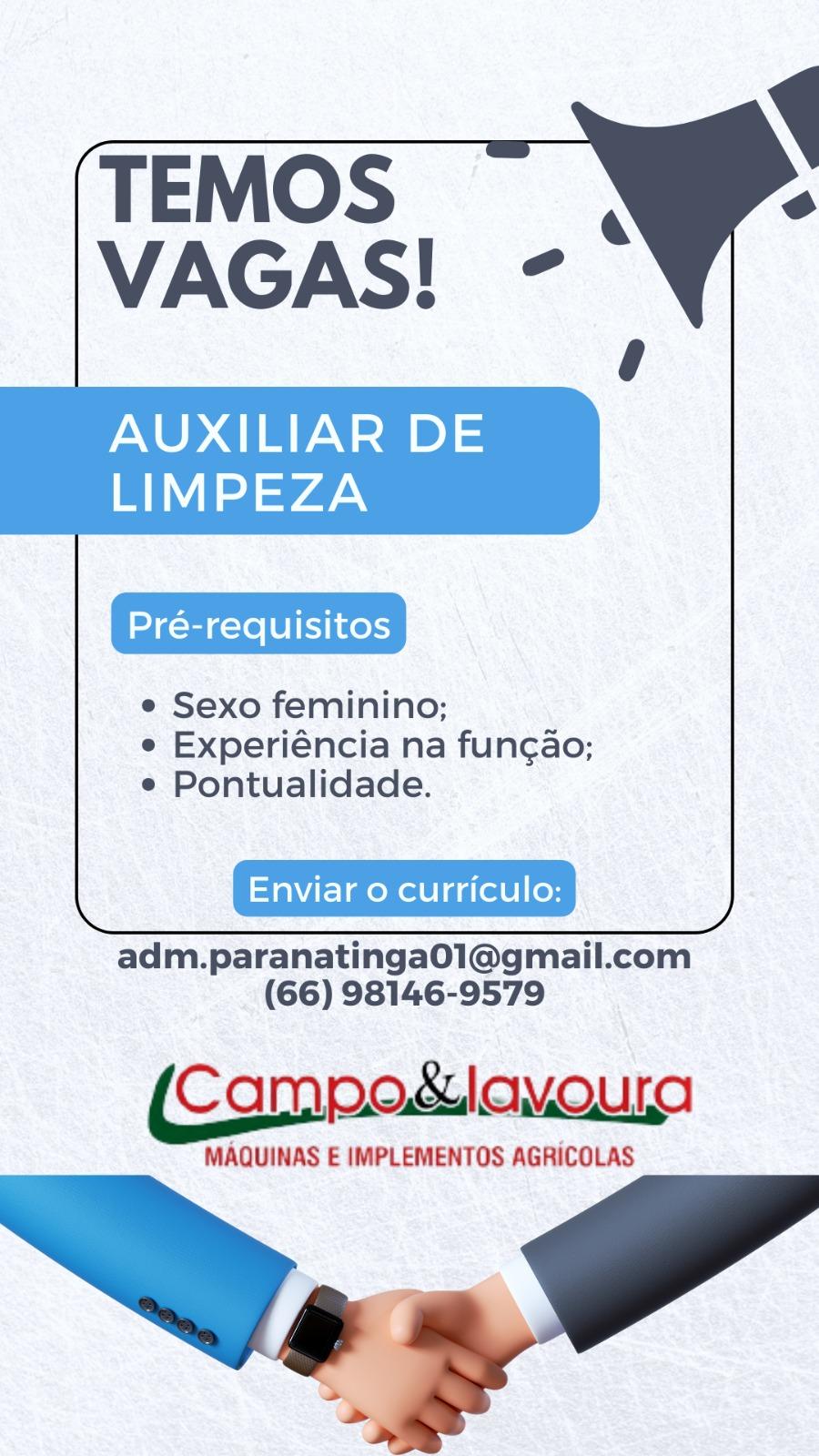 Vaga de Auxiliar de Limpeza em Paranatinga