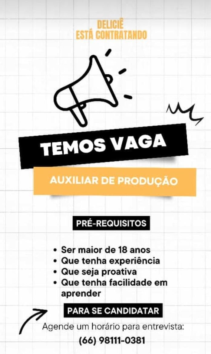 Vaga para Auxiliar de Produção / Paranatinga