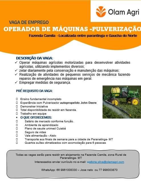 Empresa contrata Operador de Máquinas - Pulverização em fazenda entre Paranatinga e Gaúcha do Norte