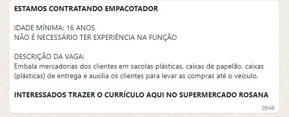 Supermercado contrata Empacotador