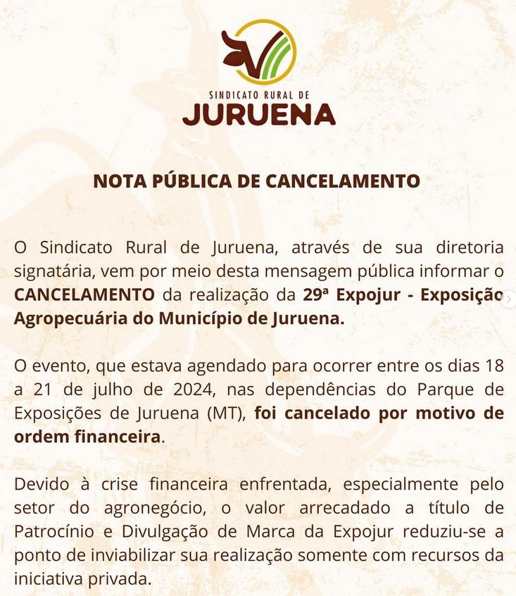 Juruena-MT; Sindicato Rural cancela 29ª Expojur