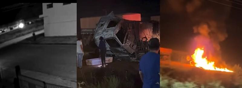 Veja os vídeos; Batida entre carretas mata motorista e provoca incêndio na BR-163 em MT