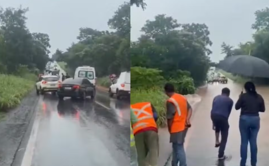 Chuva forte alaga Estrada da Guia e bloqueia tráfego por 30 minutos em Acorizal