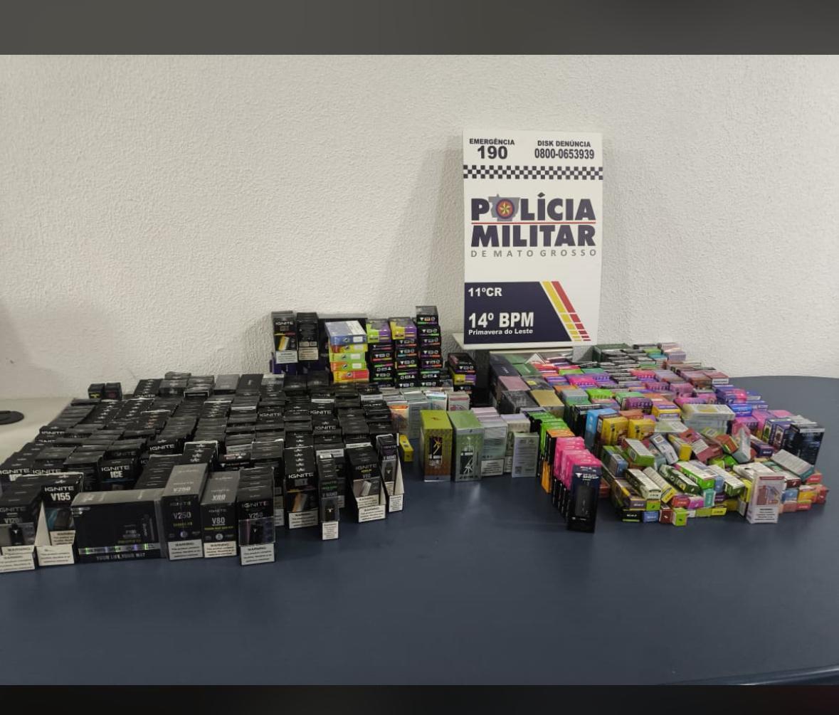 Primavera do Leste; PM apreende mais de 750 cigarros eletrônicos e prende suspeito por contrabando