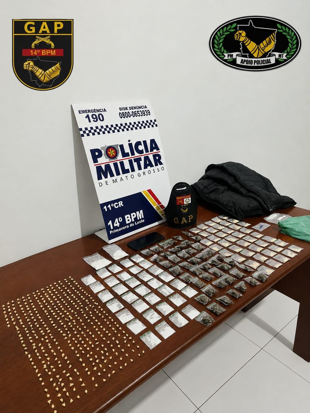 Equipe do GAP apreende grande quantidade de drogas e encaminha um homem de 23 anos para a Delegacia em Primavera do Leste
