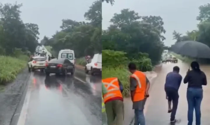 Chuva forte alaga Estrada da Guia e bloqueia tráfego por 30 minutos em Acorizal