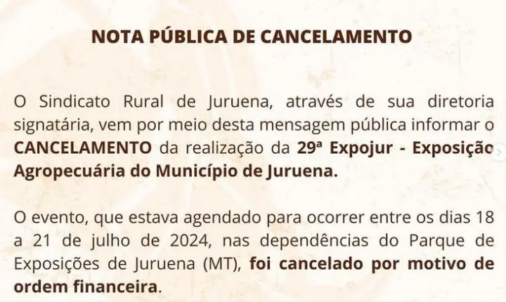 Juruena-MT; Sindicato Rural cancela 29ª Expojur