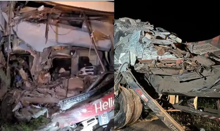 Motorista de carreta fica ferido após bater contra ônibus com mais de 40 passageiros na BR-364 em MT