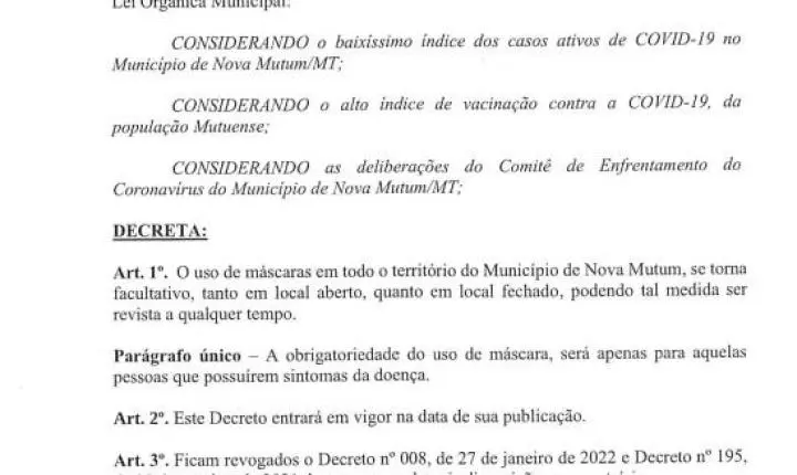 Município de MT retira obrigatoriedade do uso de máscara