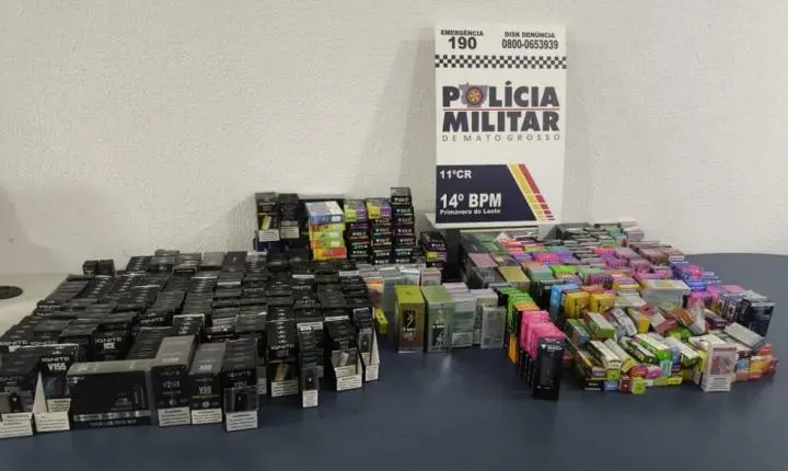 Primavera do Leste; PM apreende mais de 750 cigarros eletrônicos e prende suspeito por contrabando